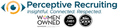 Perceptive Recruiting logo (Blue and gold eye). Insightful. Connected. Respected. Women Owned